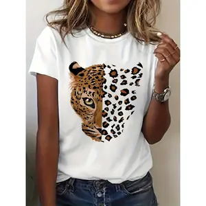 leopard tiger vintage graphic print t-shirt, short sleeve crew neck casual top for summer & spring, Women's clothing