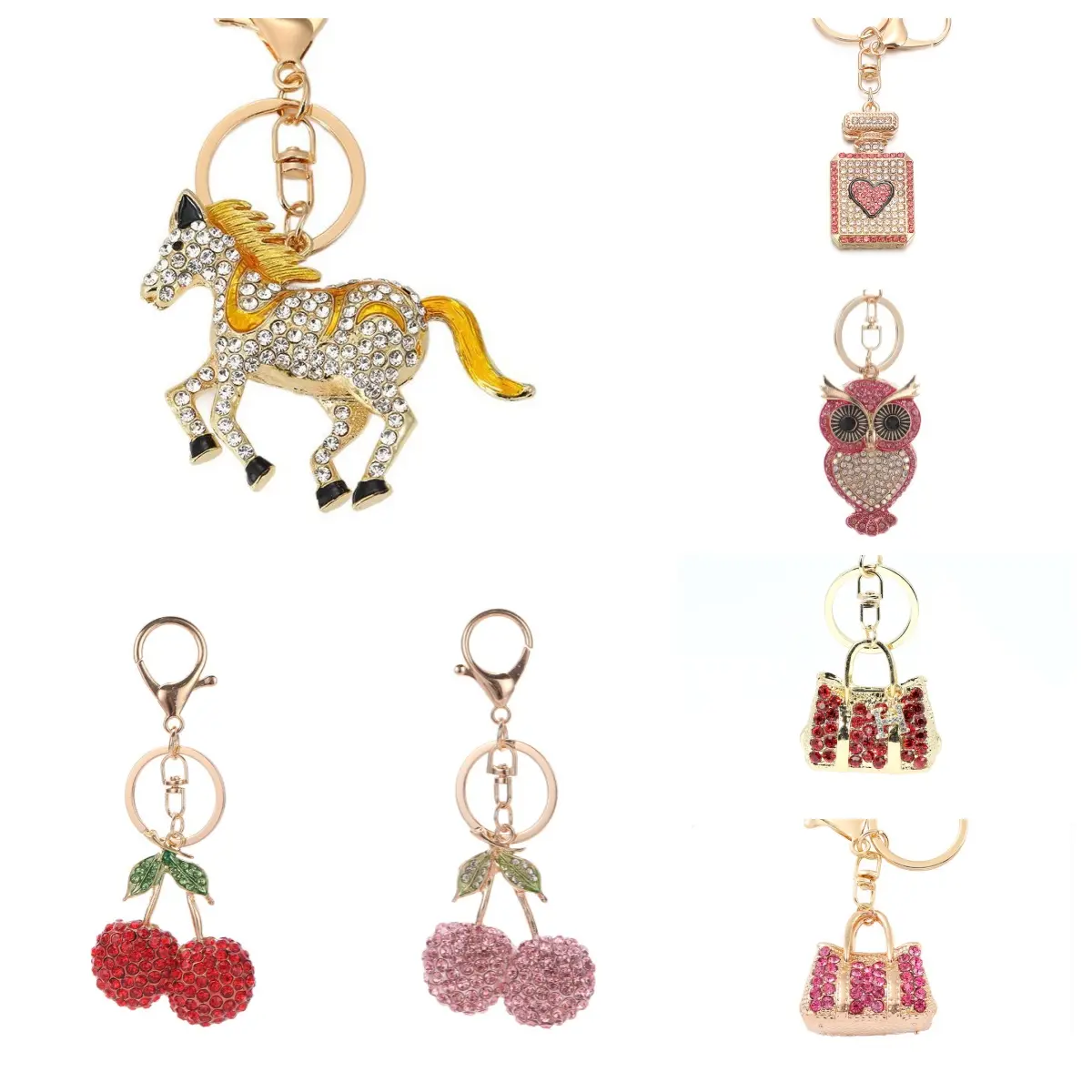Bling Bling Rhinestone Keychains - Alloy Base Animal Shape Charms with Cute Motifs, Crystal Horse Owl Cherry Perfume Designs, Glamorous Look Handbag Purse Car Fob Backpack Accessory, Christmas Gift for Women