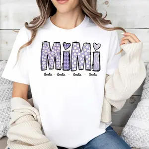 Cute And Personalized Women's T-Shirt With Mimi And Amelia Names In Purple Pattern Design Perfect For Spring And Summer Wear Ideal Gift For Grandmothers And Family Members