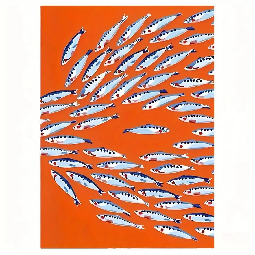 Framed Abstract Sardine Oil Painting Art Print Wall Art - Multi-Sizes Wood Frame-Style, Fashion Geometric Design with Plaid-Polka Dot-Houndstooth-Marble-Herringbone Accents, Living Room Garage Decor, Ideal Gift for Fish Enthusiasts (Wardrobe Display Fit)