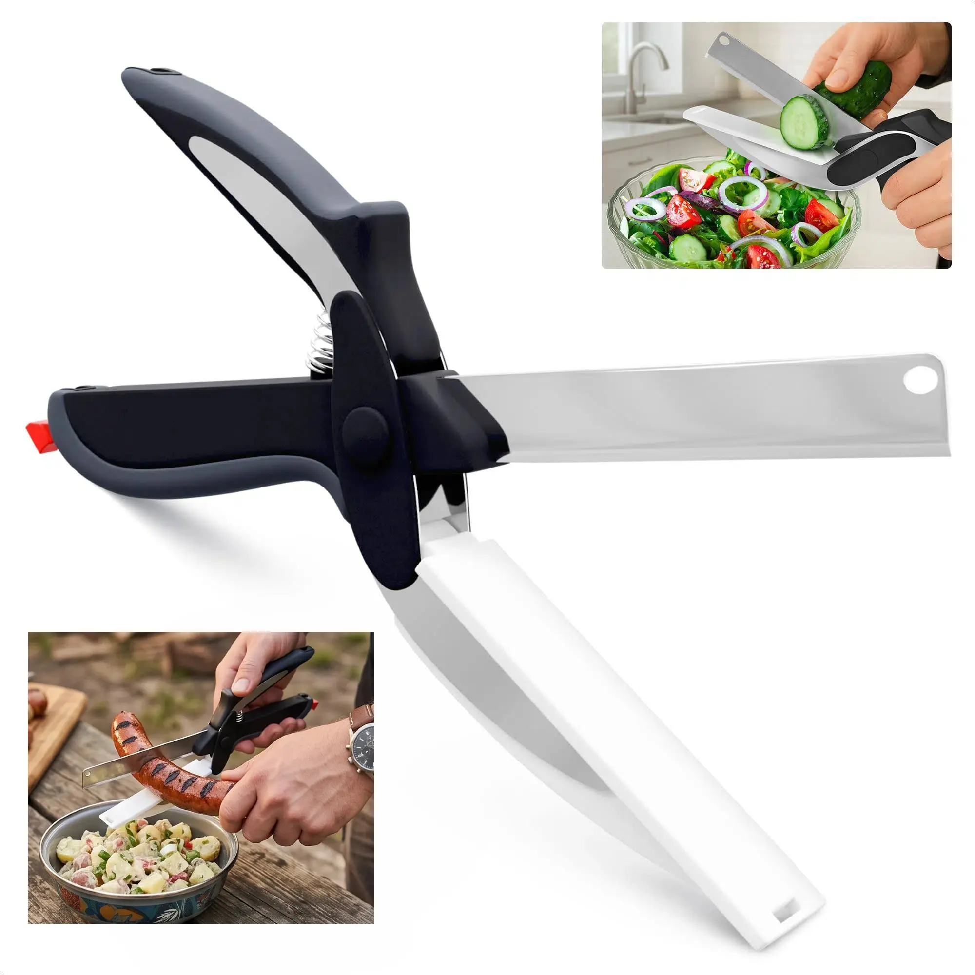 9.5" Stainless Steel Outdoor-Kitchen Dual-Purpose 2-in-1 Cutter Scissors with Cutting Board, Cooking Tool for Chopping Fruit & Meat, Safety Lock, Dishwasher Safe, 1 Tool for All