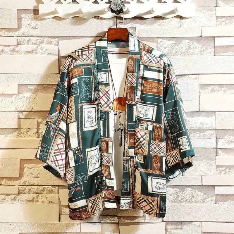 TOP Men's Summer Ukiyo-e Kimono Cardigan Chinese Style Hanfu Robe 3/4 Sleeve Lightweight Sun Protection Jacket with Wave & Dragon Print Breathable Polyester Menswear