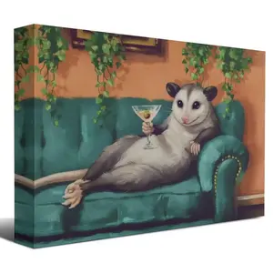 Opossum Lounging with Martini Rolled Poster – Funny Maximalist Art | Sarcastic Animal Wall Art, Dopamine-Inspired Humor Decor