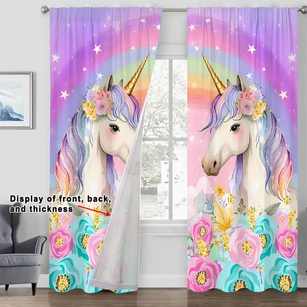 Unicorn Pattern Curtain, 2 Counts/set Cute Colorful Unicorn Printed Curtain, Home Decorative Curtain, Window Drapes, Window Treatment for Home Living Room Bedroom Study Room Kitchen Bathroom