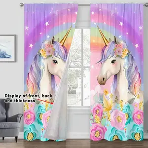 Unicorn Pattern Curtain, 2 Counts/set Cute Colorful Unicorn Printed Curtain, Window Treatment for Home Living Room Bedroom Study Room Kitchen Bathroom