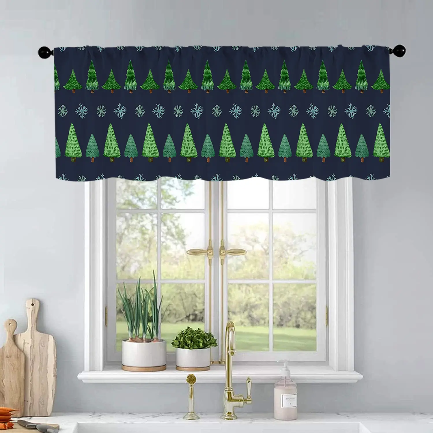 1pc Christmas and New Year printed kitchen curtains Christmas with watercolor Christmas tree curtains valance window treatment living room bedroom home decor 54 x 18 inch