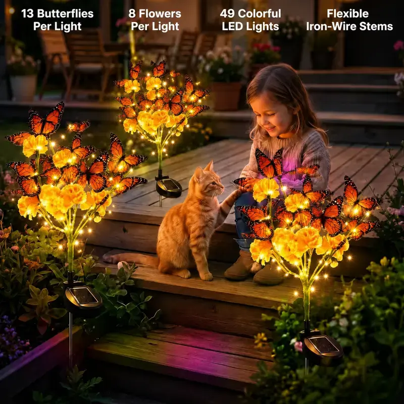 Butterfly Theme Solar Marigold Garden Stake Lights - Solar Outdoor Lights, Artificial Flower Decor for Lawn, Patio