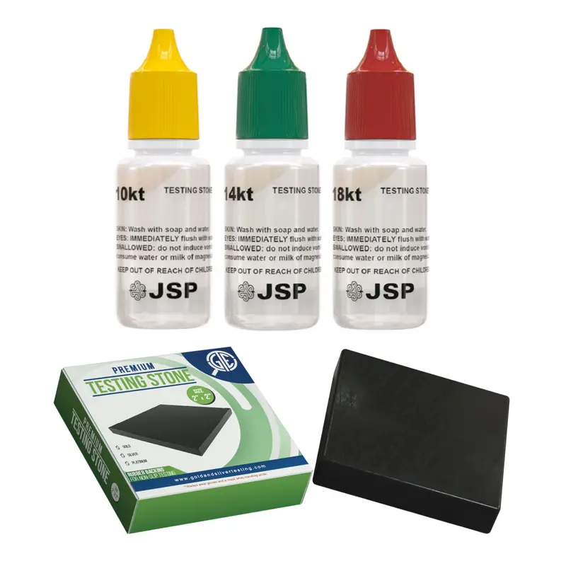 5-Piece Jewelry & Scrap Bars Gold Testing Kit for Jewelry Enthusiasts - 2"x2" GTE Premium Scratch Test Stone, 50ml Precious Metals Solution, 3 Plastic Compact Bottles, Fresh Acids, Instruction Booklet with Color Chart to Determine 10k/14k/18k Karat Value