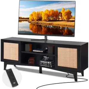 VEVOR Rattan TV Stand for 75in TV,  Boho TV Stand with Rattan Door, Entertainment Center with Build-in Socket, Storage Cabinet with 2 Shelves, Modern TV Console for Living Room, Media Room, Black