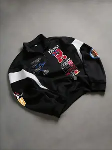 Street Style Versatile Jacket, Fall & Winter Essential Half-Zip Patchwork Sweatshirt, Retro American Style, Colorful Badge Elements