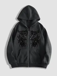 Men's Thorns Print Zip Up Hoodie, Regular Fit Casual Street Long Sleeve Graphic Hooded Sweatshirt for Fall & Winter, Men's Clothes for Daily Wear