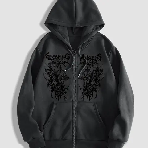 Men's Thorns Print Zip Up Hoodie, Regular Fit Casual Street Long Sleeve Graphic Hooded Sweatshirt for Fall & Winter, Men's Clothes for Daily Wear, Graphic Hoodies