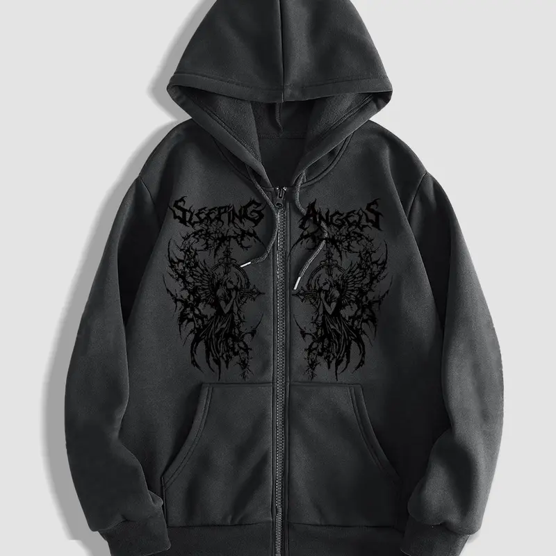 Men's Thorns Print Zip Up Hoodie, Regular Fit Casual Street Long Sleeve Graphic Hooded Sweatshirt for Fall & Winter, Men's Clothes for Daily Wear, Graphic Hoodies