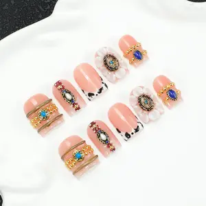 10pcs Square Handmade Nail Tips Y2K ,Turquoise & Gold Metal Concho Nail Art,Cow Print French Tip Fake Nails,Long Square Reusable Glue On Nails for Women,Female nail stickers, shiny nails for dating and daily wear, including toolkits