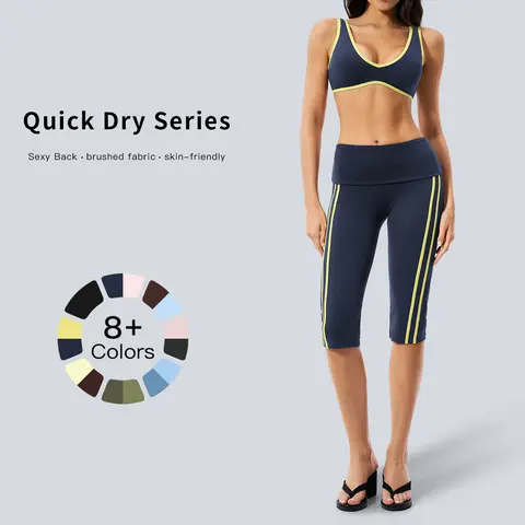 TENWOLF Women's 2-Piece Fitted Capri Sportswear Set - Retro Color-Block Brushed V-Neck Top, High-Waisted Tummy Control Leggings, Breathable Workout Sets Women, Running Suit, Fitness Sweat Suit, Casual Outfit, Gym Apparel