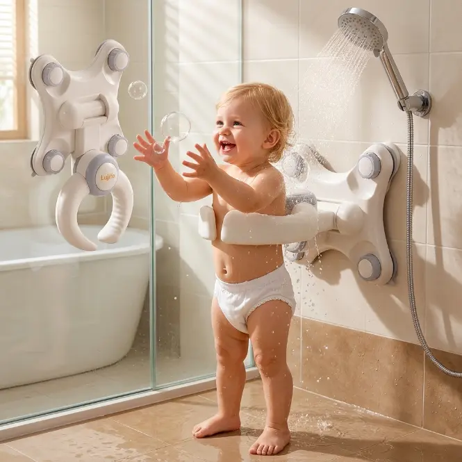 Toddler & Infant Bath Seat, Foldable Wall-Mounted Support Stand with Suction Cups, Adjustable Arms & Space-Saving Design, Multi-Use for Bathing & Diaper Changing, Toddler Bath Seat, Bath Support