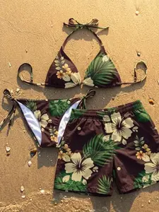 Matching Couple Swimwear Hibiscus Floral, His and Hers Summer Outfits, Matching Bikini and Men's Swim Trunks Set, Tropical Beachwear