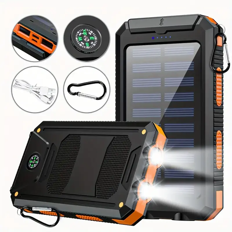 10000mAh Portable Solar Charger Power Bankwith LED Flashlight - Dual USB-A Output,Waterproof Outdoor Emergency Supply