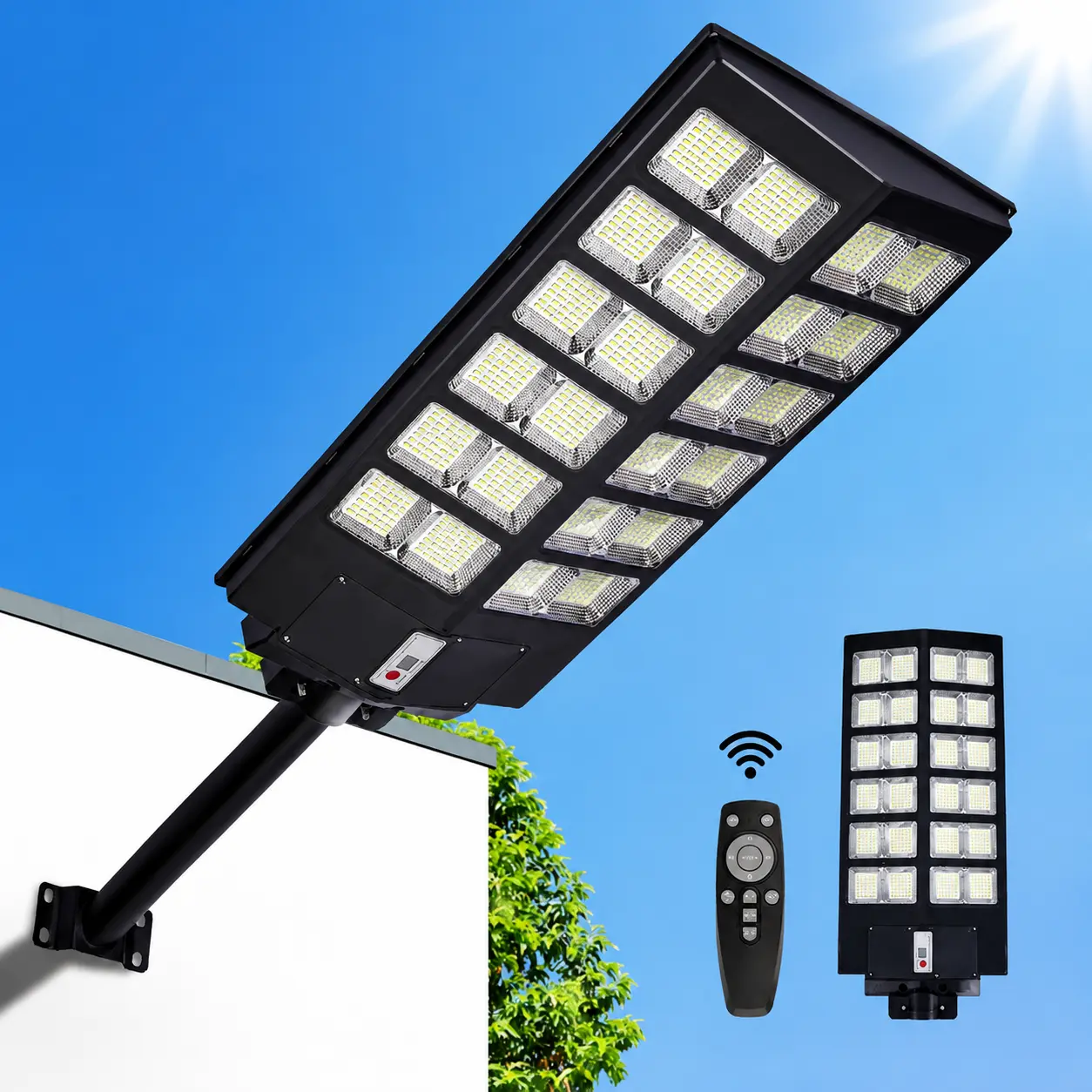 Solar Street Light Outdoor, Super Bright LED Flood Light with 3 Lighting Modes Motion Sensor, Remote Control & IP65 Waterproof Solar Security Lamp for Yard, Garden, Garage, Roadway and Driveway