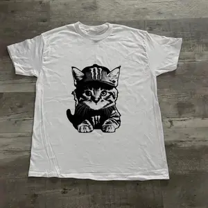 White Monster Energy Cat Graphic Tee, Unisex Vintage Graphic Tees Gothic Grunge Y2K Emo Scene Amity Affliction Style Clothes Men Women Streetwear