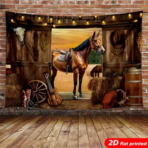 Rustic Western Cowboy Horse Barn Tapestry Wall Hanging, Wooden Farmhouse Design, 2D Flat-Printed Backdrop, Sunset-Themed Home Decor for Man Cave, Living Room, Ideal Gift or Studio Prop