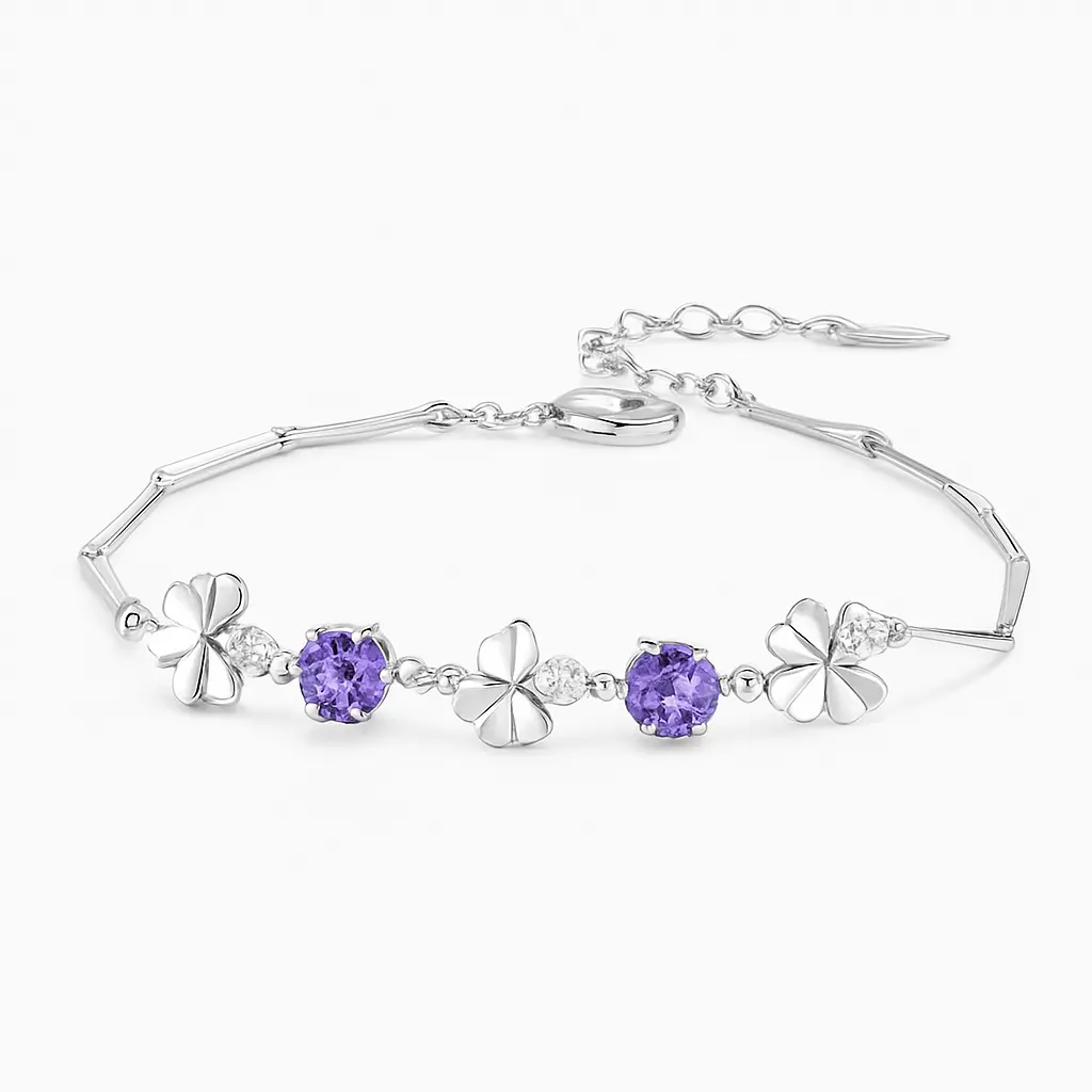 Clover Crystal Bracelet — Sterling Silver Link Design