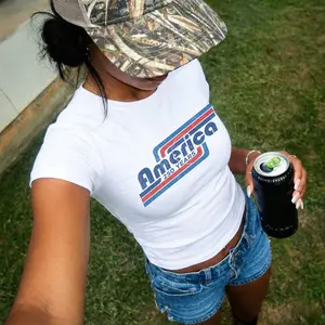 America 250 Years Baby Tee Retro Stripes Patriotic Vintage Micro Rib Americana T-Shirt Womens Fitted Top 4th of July Outfit
