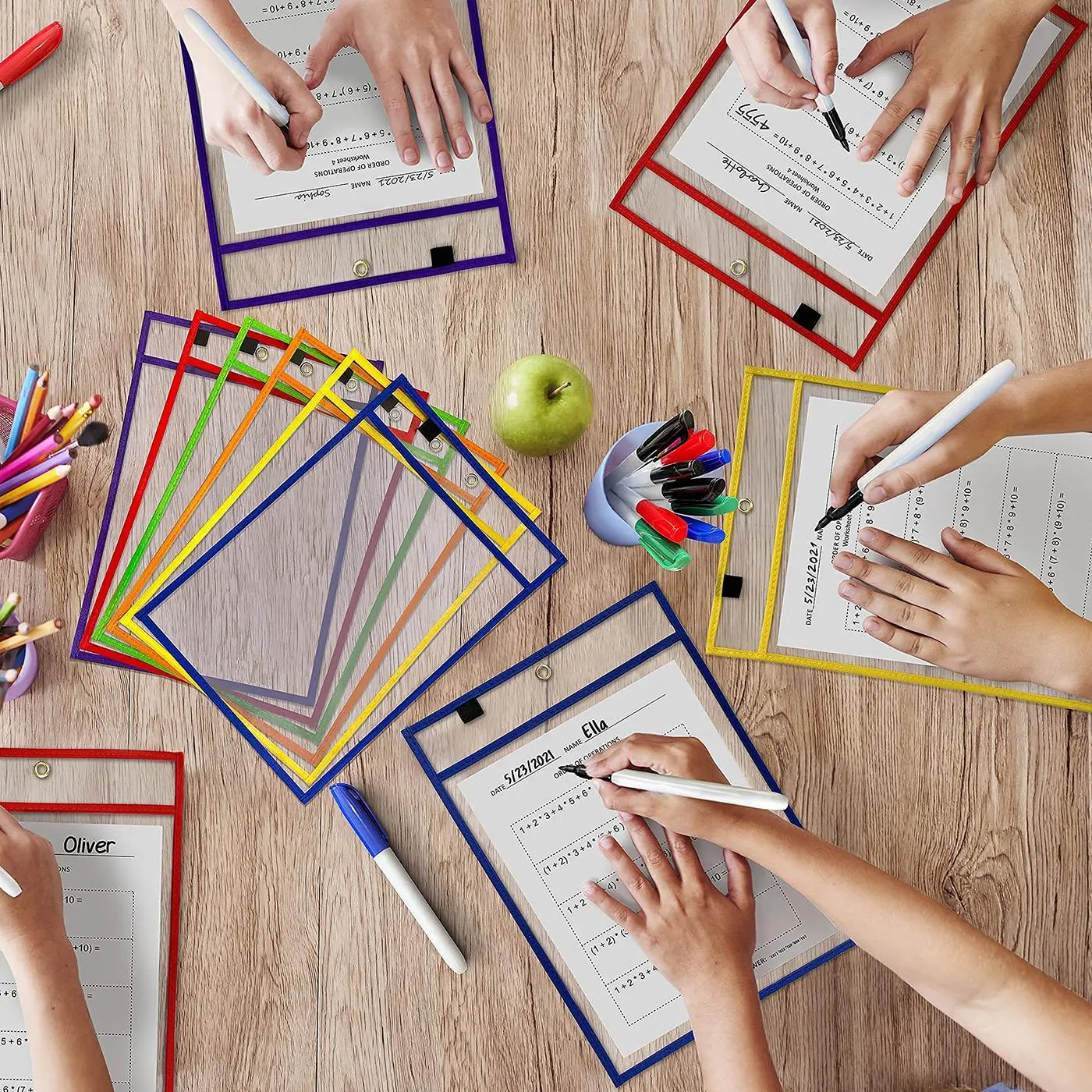 Random Color Reusable Dry Erase Pocket Set, Including 10pcs Clear Plastic Sheet Pocket & 10pcs Pen, Dry Erase Markers, School Classroom Supplies, Office Supplies