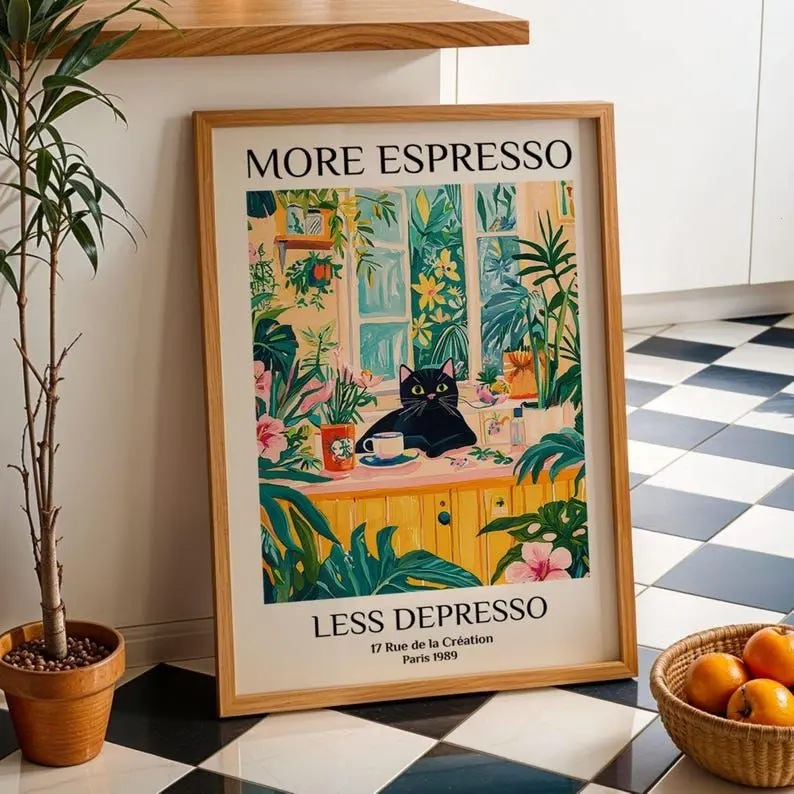 [SALE UP TO 50% + FREE SHIP]  More Espresso Less Depresso Black Cat Coffee Wall Art Poster Funny Kitchen Poster Cat Espresso Print Café Decor Cat Lover Wall Art Gift