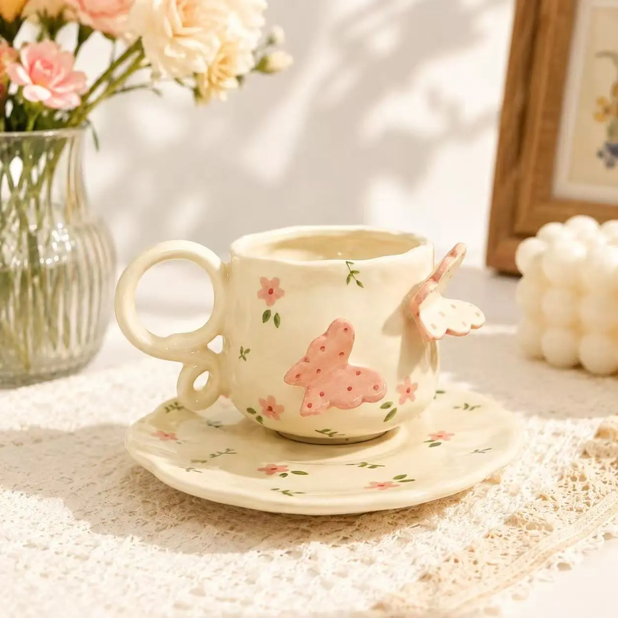 Ins Style Handcrafted Embossed Butterfly Ceramic Coffee Cup & Saucer Set | Cute Handmade Aesthetic Mug with Saucer