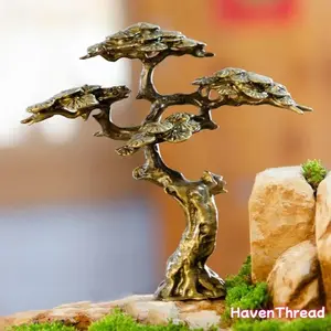 Copper Alloy Detailed Charming Mini Pine Tree Statue Artwork, Traditional Decorative Fengshui Ornament, Unisex Home Decor with Natural Look, Ideal for Bonsai Decoration & Anniversary Gifting, Indoor-Outdoor Use