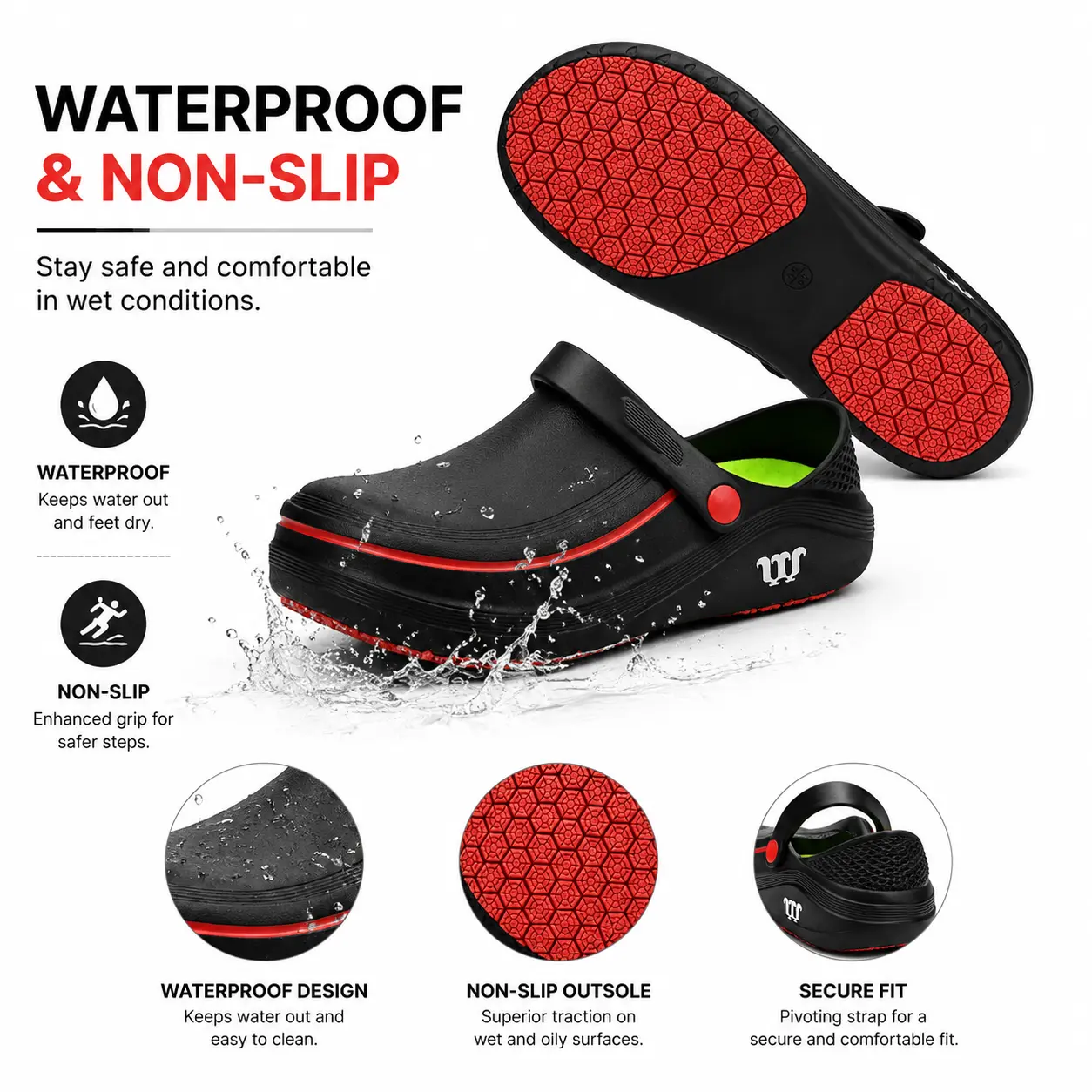 Men's non slip chef slippers, waterproof and oil resistant, can be worn twice, easy to clean. Suitable for kitchen and nursing wear. versatile