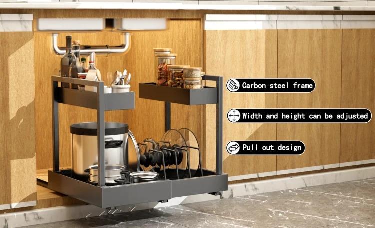Under-Sink Expandable 2 Tier Metal Steel Adjustable Dual Drawer Under The Sink Sliding Cabinet Storage Organizer Manufacturer