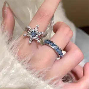 Delicate Blue Zircon Snowflake Open Rings For Women Trendy Blue Irregular Stone Finger Ring Christmas Party Jewelry Accessories
