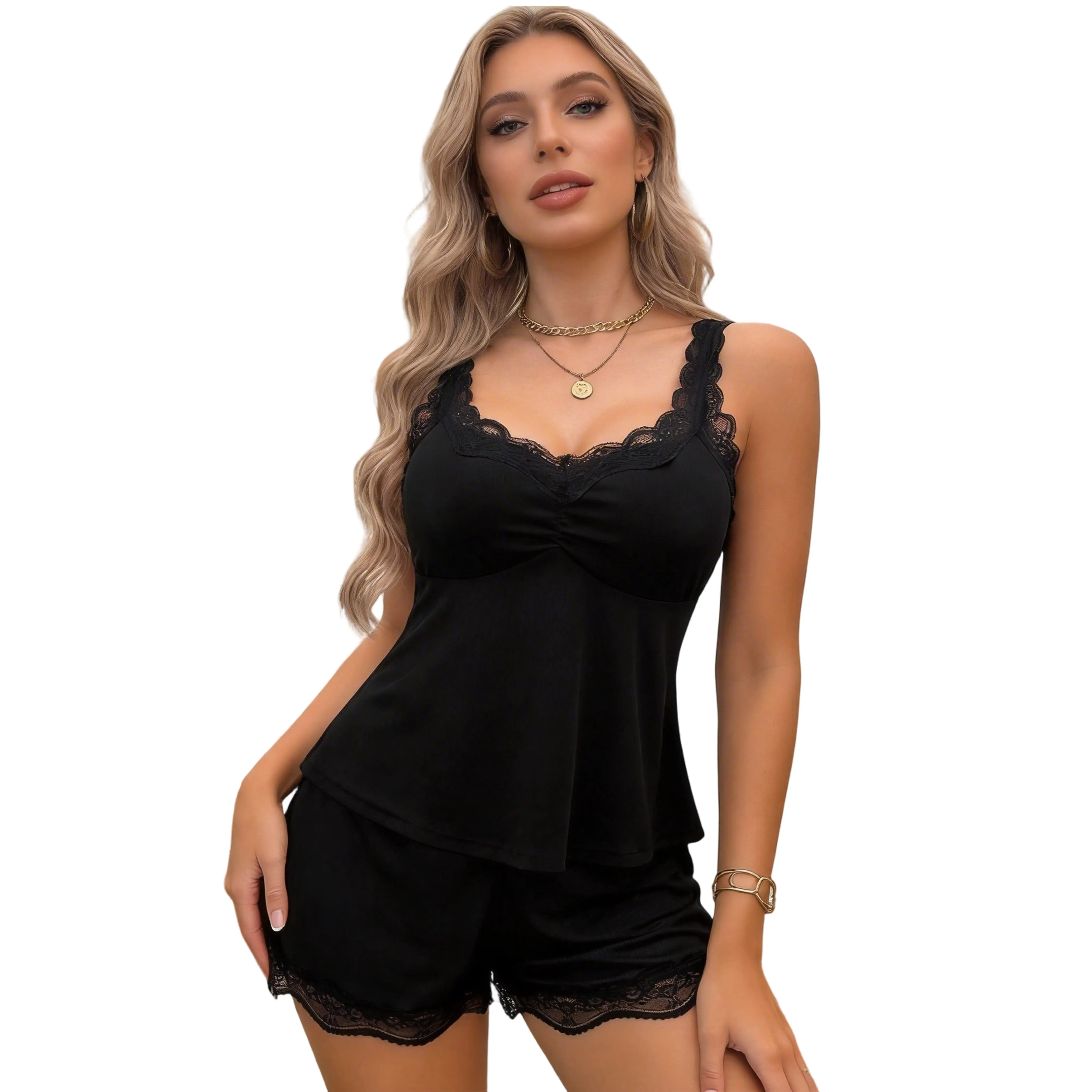 Plus Size Women's 2-Piece Elegant Date Night Lingerie Set - Modal Lace V-Neck Cami, Matching Cute Shorts, Minimalist Fabric Sleepwear & Loungewear, Feminine