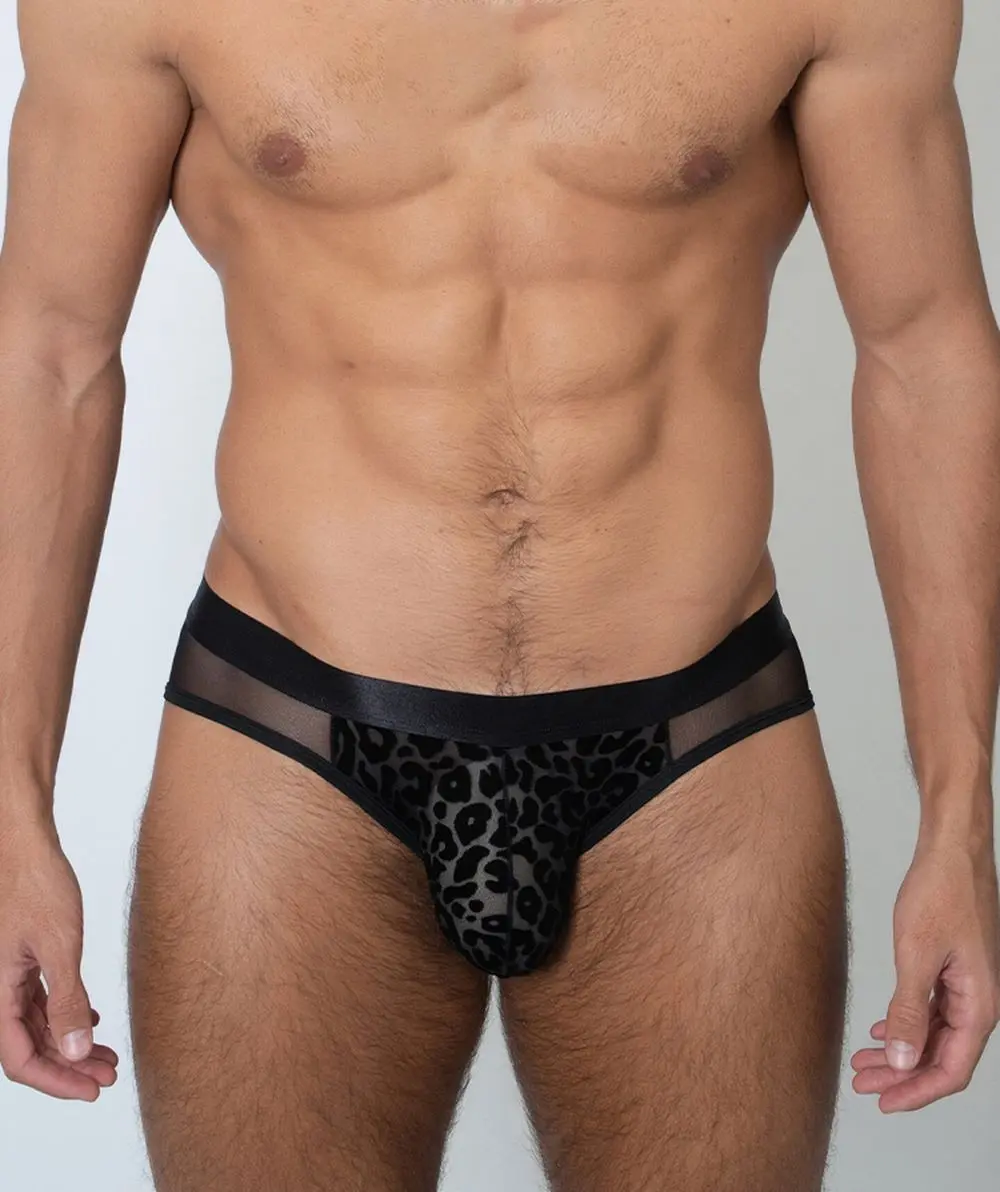 Men's High Stretch Mesh Briefs - Cute Leopard Print Velvet Flocked Pouch, Low Rise Breathable Underwear for Men, Poly-Nylon-Spandex Blend For Flex