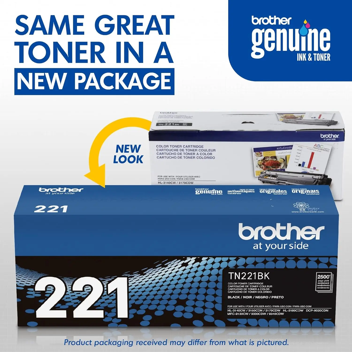 Brother Genuine Standard Yield Black Toner Cartridge TN221BK - Compatible with Brother Printers, MFC-9130CW, All-in-Ones, 2,500 Pages Yield, High Quality Prints, Amazon Dash Replenishment Ready, Rich Blacks