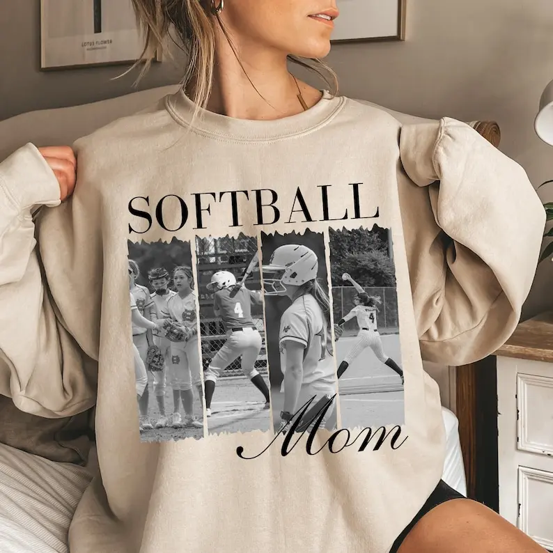 Softball Mom Photo Shirt Personalized T-Shirt Softball Brushstroke Tee Picture Softball Mama Sweatshirt Senior Mom Gift
