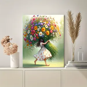 Wooden Frame Canvas, Girl Holding Flowers, Living Room & Bedroom & Kitchen Wall Art Print, Home, Office Decorations, Holiday Gift, Perfect for Room Decoration