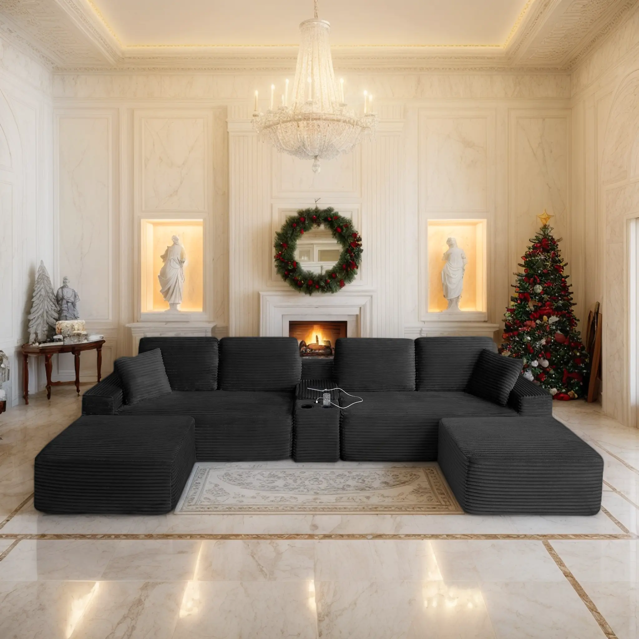 Eyisean 140"/150" U-Shape Corduroy Modular Sectional Sofa, 4-Seater Smart Cloud Boneless Couch with USB Ports and Cup Holders, Storage, Deep Seat, No-Assembly Boneless Couches for Living Room, Apartment
