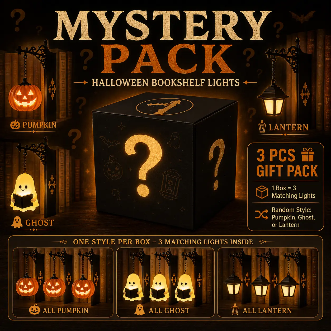 CRILEAL Halloween Mystery Boxer Library Lantern 3-Pack - Decorative Surprise Bookshelf Lighting, Miniature Hanging Shelf Lamp, Warm LED Nightlight, Reading Nook Literary Decor