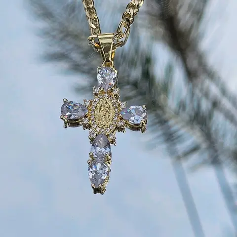 Virgen en cruz gold plated necklace pendant