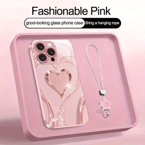 Pink Shimmer Heart & Rose Pattern Phone Case with Lanyard - Metallic Tempered Glass Finish, Shockproof, Shatterproof, Anti-Fingerprint, Skin-Friendly Touch, Multi-Model Fit for iPhone 17,16,15,14,13,12,11 Series, Ideal Gift Accessory