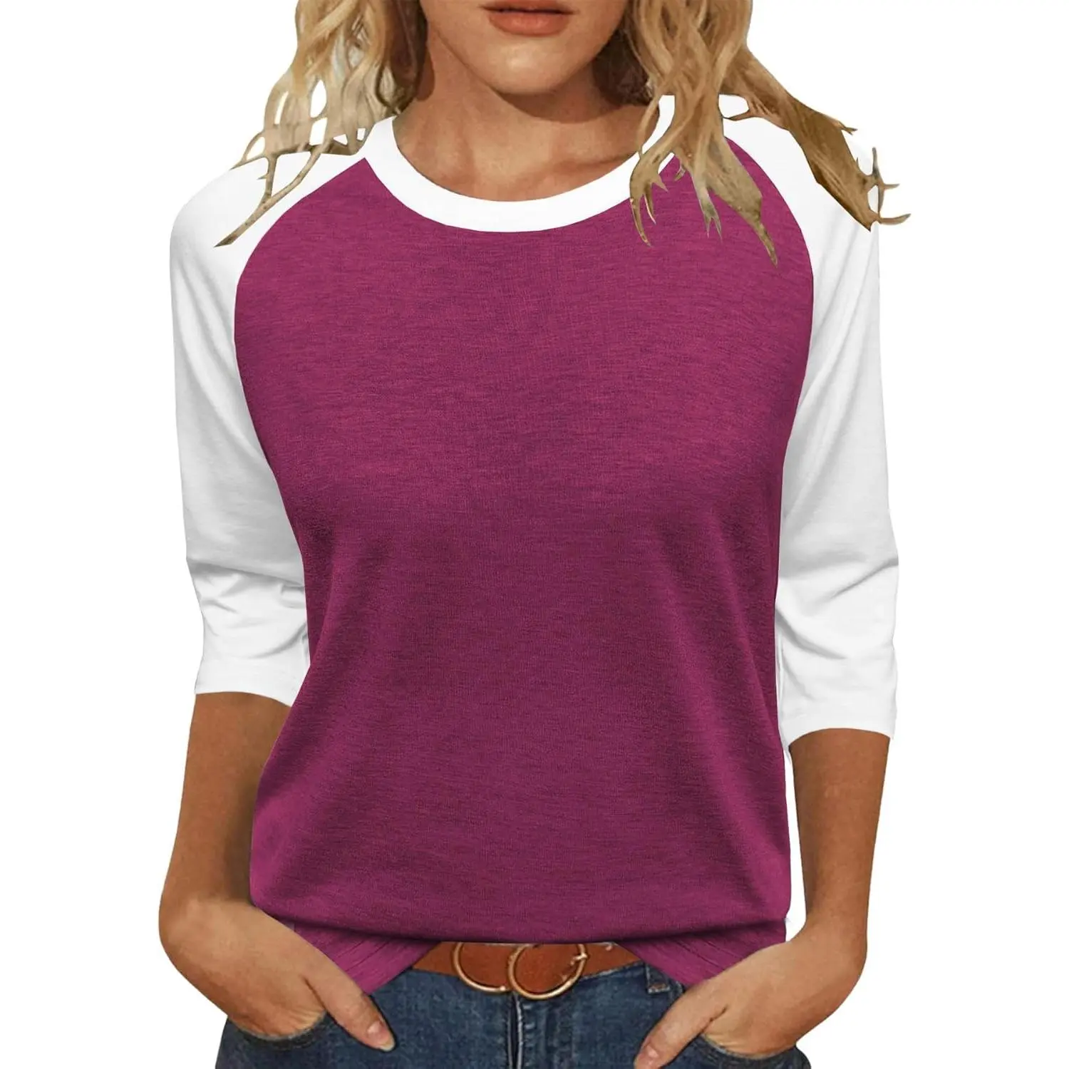 Women tops 3/4 sleeve round neck loose casual tshirts color block summer tees