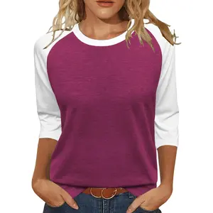 Women tops 3/4 sleeve round neck loose casual tshirts color block summer tees