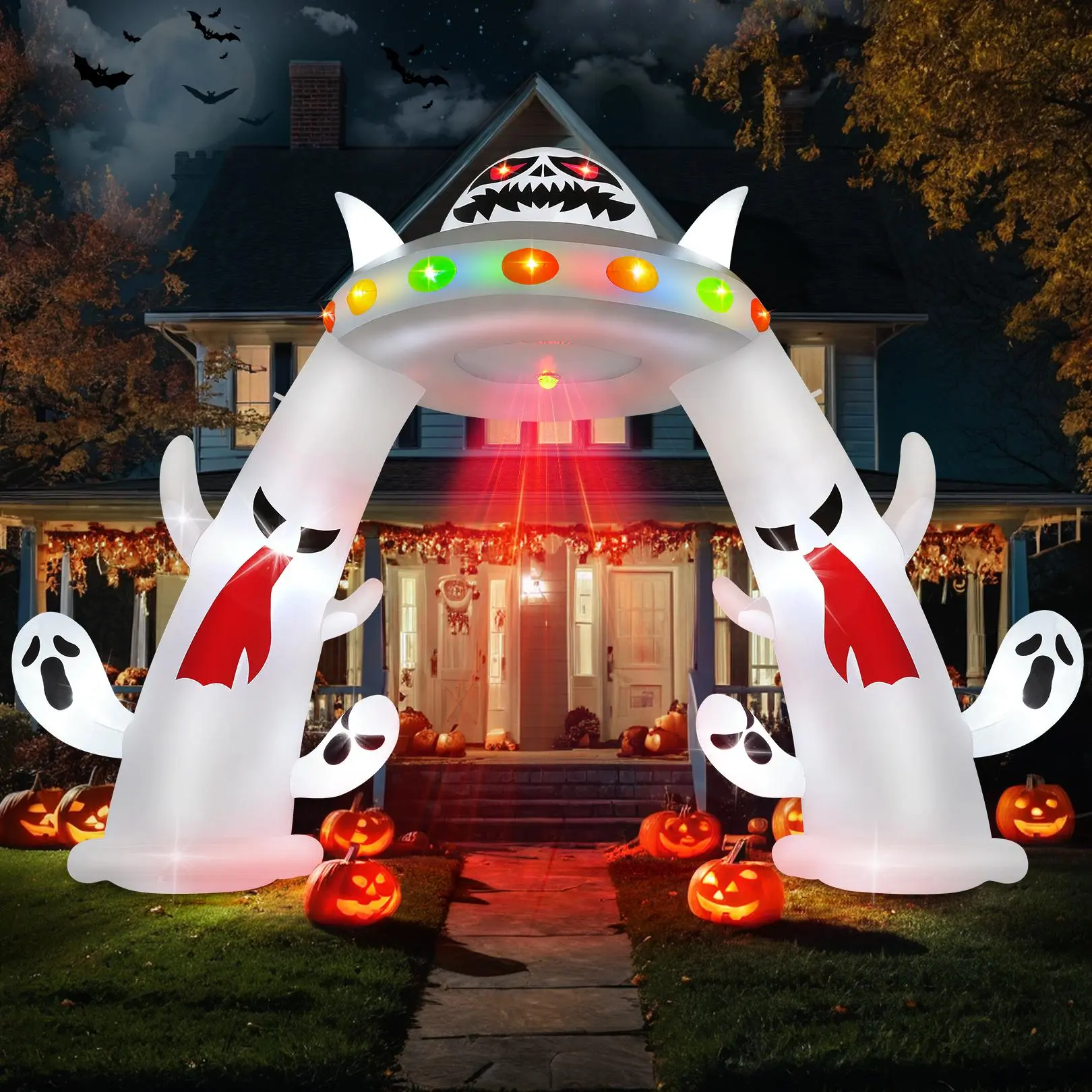 AKEYDIY 9 FT Tall Halloween Inflatable Ghost UFO Archway Decor, Large UFO Spaceship Design Inflatable Ghost Arch with Built-in LED Lights & Glowing Red Eyes, Outdoor Ornament for Party, Garden, Lawn & Holiday Decor
