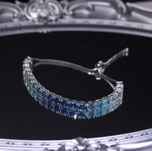 Gradient Blue 925 Sterling Silver Plated 5A Graded CZ Tennis Bracelet 6mm  Adjustable Chain Up To 10'' Shiny Birthstone Jewelry Gift for Women Girls Mom Wife Her