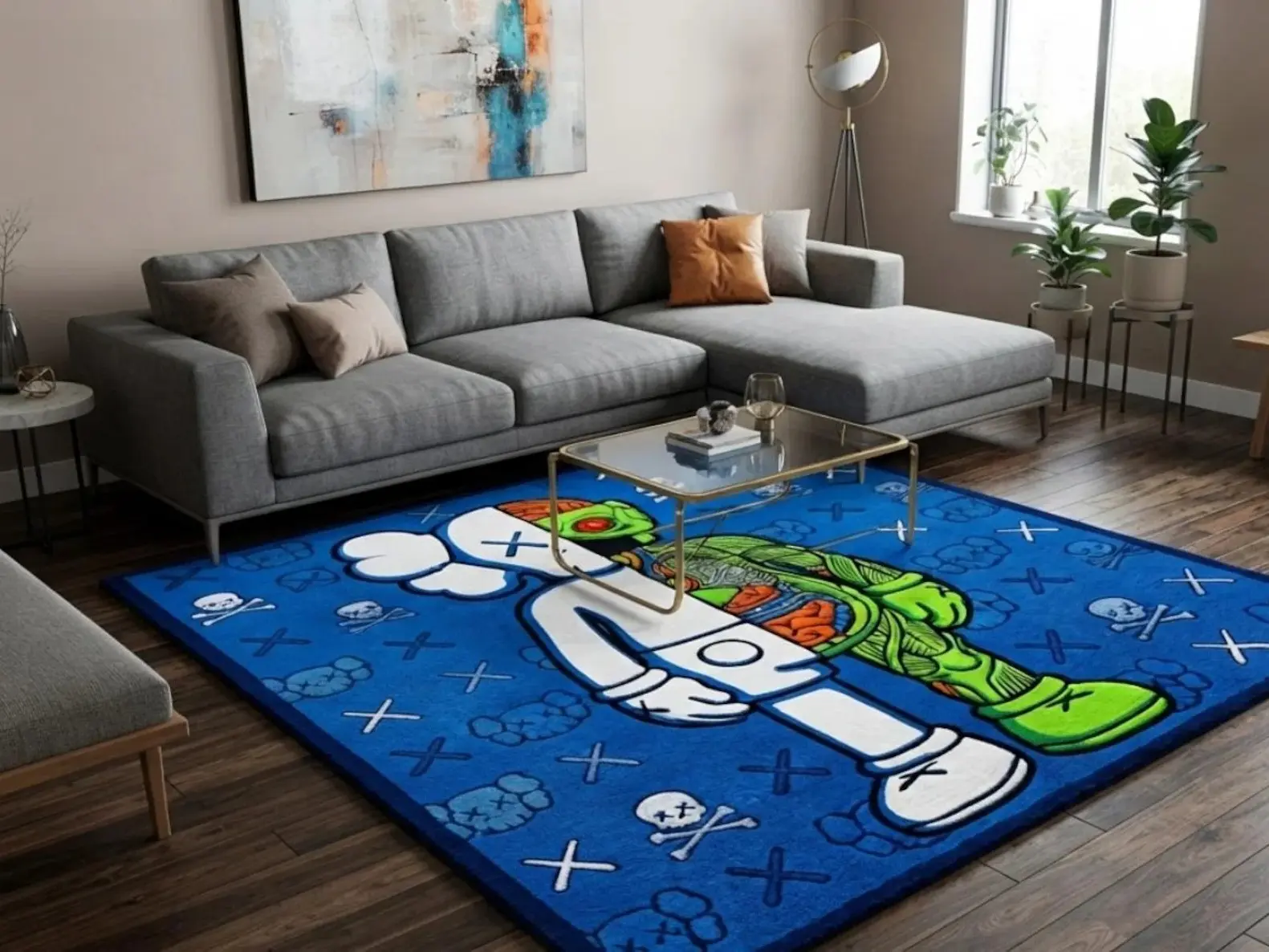 KAWS Inspired Blue Hand-Tufted Wool Area Rug, Colorful Street Art Decor for Hypebeast Enthusiasts