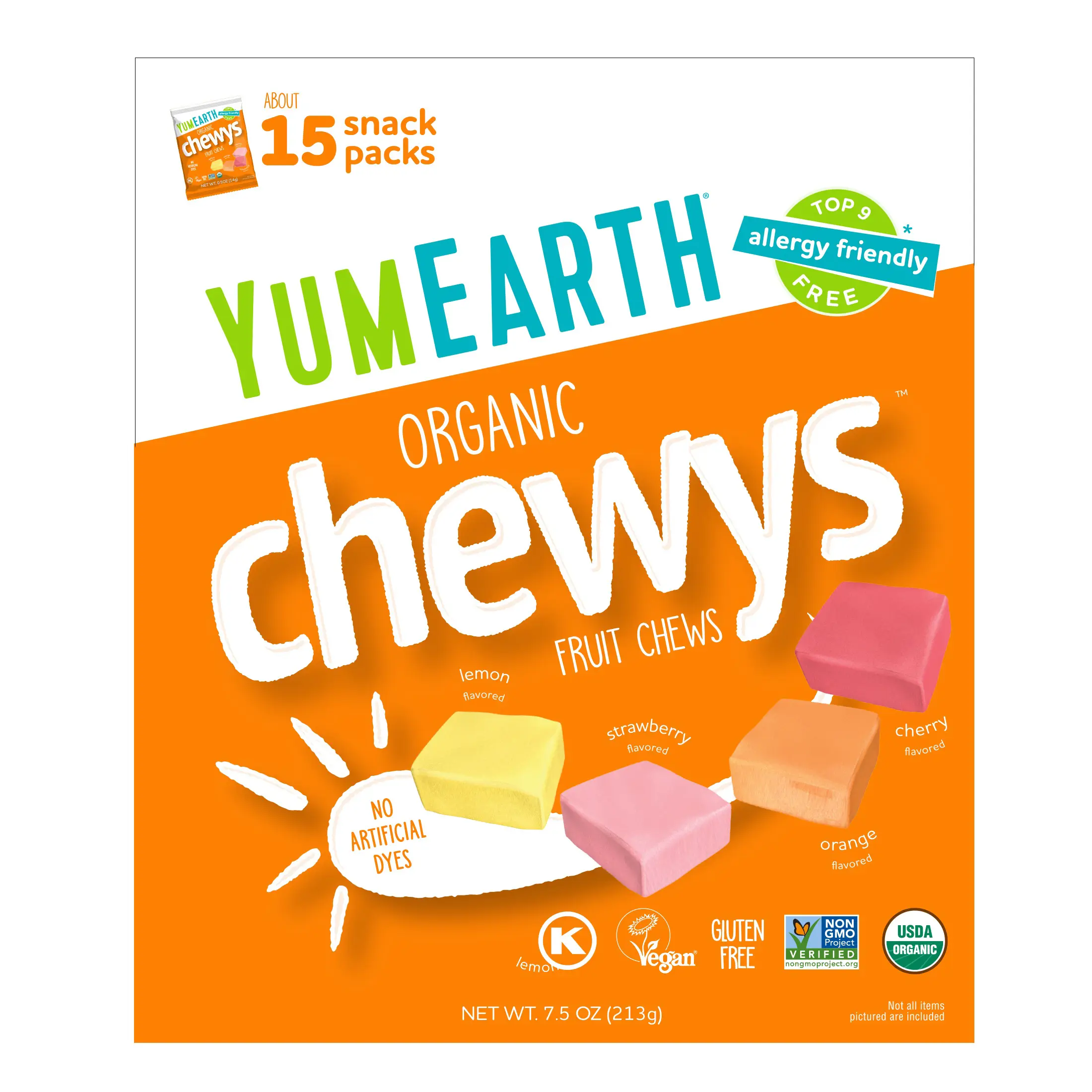 YumEarth Organic Chewys™, Fruit Chews, 15 Snack Packs, 0.5 oz (14 g) Each YumEarth Organic Chewys™, Fruit Chews, 15 Snack Packs, 0.5 oz (14 g) Each