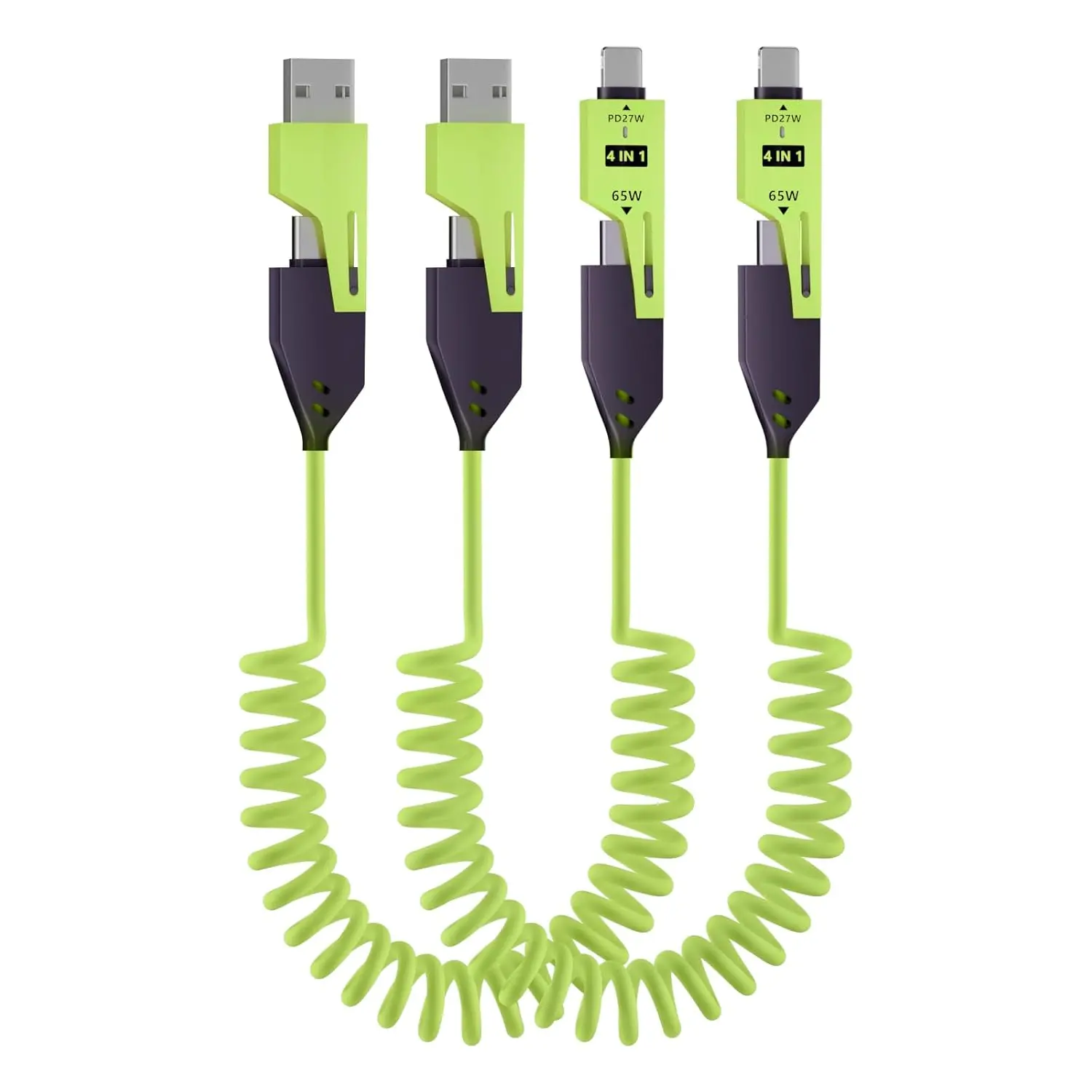 4-in-1 Spring Fast Charging Cable (Buy 1 Get 1 Free), 65W USB-C PD Multi-Device Charger with USB-C Plug, 1.5m Coil Extension Cable, Compatible with iPhone, Samsung (Green)